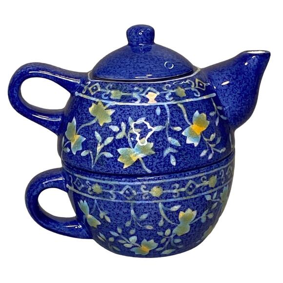 World Market Tea For One Blue Floral Ceramic Teapot/Cup Combo Stackable - Picture 2 of 14